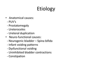 Etiology
• Anatomical causes:
- PUV’s
- Prostatomegaly
- Ureteroceles
- Ureteral duplication
• Neuro-functional causes:
- Neurogenic bladder – Spina bifida
- Infant voiding patterns
- Dysfunctional voiding
- Uninhibited bladder contractions
- Constipation
 