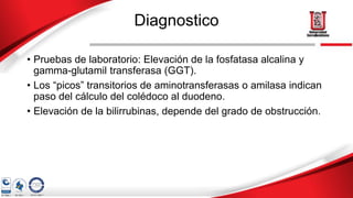 Diagnostico
• Pruebas de laboratorio: Elevación de la fosfatasa alcalina y
gamma-glutamil transferasa (GGT).
• Los “picos” transitorios de aminotransferasas o amilasa indican
paso del cálculo del colédoco al duodeno.
• Elevación de la bilirrubinas, depende del grado de obstrucción.
 