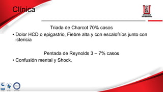 Clínica
Triada de Charcot 70% casos
• Dolor HCD o epigastrio, Fiebre alta y con escalofríos junto con
ictericia
Pentada de Reynolds 3 – 7% casos
• Confusión mental y Shock.
 