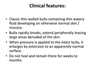 Clinical features:
• Classic thin walled bulla containing thin watery
fluid developing on otherwise normal skin /
mucosa.
• Bulla rapidly breaks, extend peripherally leaving
large areas denuded of the skin.
• When pressure is applied to the intact bulla, it
enlarges by extension to an apparently normal
surface.
• Do not heal and remain there for weeks to
months.
 