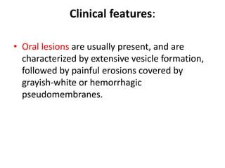 Clinical features:
• Oral lesions are usually present, and are
characterized by extensive vesicle formation,
followed by painful erosions covered by
grayish-white or hemorrhagic
pseudomembranes.
 
