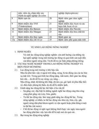 mũi, viêm da, chàm tiếp xúc 
(bệnh da nghề nghiệp do crôm 
nghiệp (leptospirosis) 
8 Bệnh xạm da 20 Bệnh viêm gan virus nghề 
nghiệp 
9 Bệnh nhiễm độc TNT 
(Trinitrotoluen) 
21 Bệnh nhiễm độc Asen và các 
hợp chất Asen vô cơ 
10 Bệnh nhiễm độc Benzen 22 Bệnh nhiễm độc Nicotin 
11 Bệnh nhiễm độc Mangan 23 Bệnh nhiễm độc hóa chất trừ 
sâu 
12 Bệnh nhiễm độc thủy ngân 24 Bệnh giảm áp 
13a Bệnh nhiễm độc chì vô cơ 25 Bệnh viêm phế quản mãn tính 
VỆ SINH LAO ĐỘNG NÔNG NGHIỆP 
1. ĐỊNH NGHĨA 
Vệ sinh lao động nông nghiệp nghiên cứu ảnh hưởng của những tác 
hại nghề nghiệp trong môi trường lao động và quá trình sản xuất đến 
sức khỏe người nông dân. Từ đó đề ra các biện pháp phòng chống. 
2. TÁC HẠI NGHỀ NGHIỆP TRONG LAO ĐỘNG NÔNG NGHIỆP VÀ 
BIỆN PHÁP ĐỀ PHÒNG 
2.1. Lao động trong môi trường vi khí hậu xấu 
Mùa hè phải làm việc ở ngoài trời nắng, nóng, bị tác động của các tia bức 
xạ mặt trời. Trong quá trình lao động nặng, mất nước, thời gian lao động 
kéo dài… do đó dễ bị say nóng, say nắng… 
Mùa đông, nhiệt độ không khí thấp, độ ẩm cao, gió lạnh từ phía Bắc thổi 
về, điều kiện phòng hộ thiếu do đó dễ bị nhiễm lạnh. 
2.2. Gánh nặng lao động thể lực thể hiện ở ba vấn đề 
- Sự gắng sức: đặc biệt là những ngành nghề lao động càng thủ công 
càng phải gắng sức (cày, bừa, gánh). 
- Tư thế lao động xấu: làm tang gánh nặng lao động thể lực. Trong 
nông nghiệp có nhiều tư thế lao động xấu như cày, bừa, cấy, gặt, 
người nông dân phải khom người và vặn người hoặc phải đứng ở một 
tư thế lâu (tát nước). 
- Chế độ lao động và nghỉ ngơi không thích hợp: vào ngày mùa người 
lao động phải làm việc kéo dài dễ bị mệt mỏi do quá sức. 
2.3. Bụi trong lao động nông nghiệp 
 