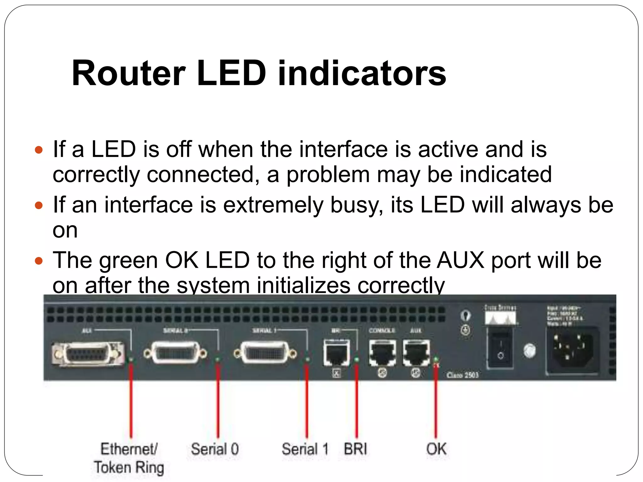 Router LED indicators
 If a LED is off when the interface is active and is
correctly connected, a problem may be indicated
 If an interface is extremely busy, its LED will always be
on
 The green OK LED to the right of the AUX port will be
on after the system initializes correctly
 