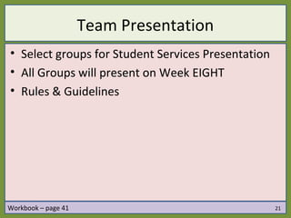 Team Presentation
• Select groups for Student Services Presentation
• All Groups will present on Week EIGHT
• Rules & Guidelines




Workbook – page 41                                  21
 