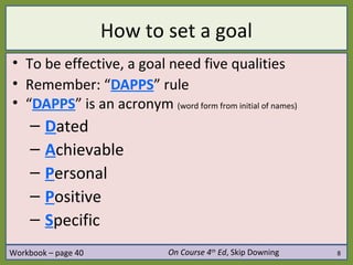 How to set a goal
• To be effective, a goal need five qualities
• Remember: “DAPPS” rule
• “DAPPS” is an acronym (word form from initial of names)
     – Dated
     – Achievable
     – Personal
     – Positive
     – Specific
Workbook – page 40             On Course 4th Ed, Skip Downing   8
 