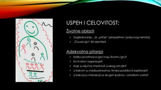 USPEH I CELOVITOST:
Životne oblasti
• Sagledavanje... (iz „ptičje“ perspektive i potpunog nehata)
• „Čovečuljci“ iliti Identiteti
Adekvatna pitanja
• Koliko prvotimaca igra tvoju životnu igru?
• Ko ih bira i organizuje?
• Koje su ključne Vrednosti svakog od njih?
• U kakvim su međuodnosima: timska podrška ili saplitanje?
• U kakvoj su interakciji sa drugim ljudima, i ostatkom sveta?
 