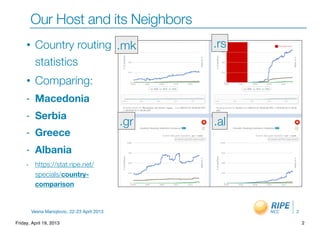Vesna Manojlovic, 22-23 April 2013
• Country routing
statistics
• Comparing:
- Macedonia
- Serbia
- Greece
- Albania
- https://stat.ripe.net/
specials/country-
comparison
Our Host and its Neighbors
2
.mk .rs
.gr .al
2Friday, April 19, 2013
 