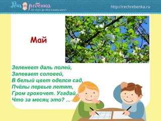 Зеленеет даль полей,
Запевает соловей,
В белый цвет оделся сад,
Пчёлы первые летят,
Гром грохочет. Угадай,
Что за месяц это? ...
Май
 