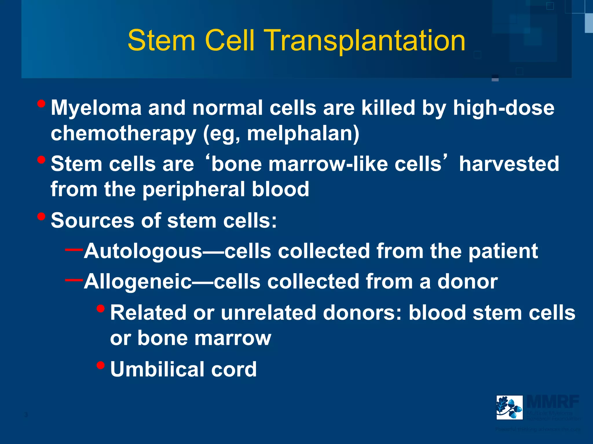 Stem Cell Transplantation

    • Myeloma and normal cells are killed by high-dose
      chemotherapy (eg, melphalan)
    • Stem cells are bone marrow-like cells harvested
      from the peripheral blood
    • Sources of stem cells:
        – Autologous—cells collected from the patient
        – Allogeneic—cells collected from a donor
           • Related or unrelated donors: blood stem cells
             or bone marrow
           • Umbilical cord
3                                                            Multiple Myeloma
                                                             Research Foundation

                                                 Powerful thinking advances the cure
 