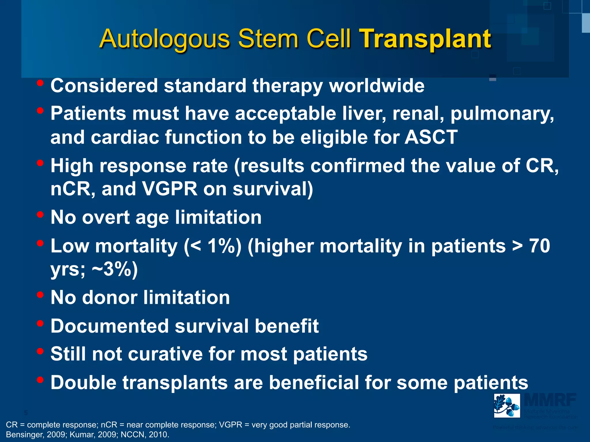 Autologous Stem Cell Transplant
        •  Considered standard therapy worldwide
        •  Patients must have acceptable liver, renal, pulmonary,
           and cardiac function to be eligible for ASCT
        •  High response rate (results confirmed the value of CR,
           nCR, and VGPR on survival)
        •  No overt age limitation
        •  Low mortality (< 1%) (higher mortality in patients > 70
           yrs; ~3%)
        •  No donor limitation
        •  Documented survival benefit
        •  Still not curative for most patients
        •  Double transplants are beneficial for some patients
    5                                                                                                  Multiple Myeloma
                                                                                                       Research Foundation
CR = complete response; nCR = near complete response; VGPR = very good partial response.   Powerful thinking advances the cure
Bensinger, 2009; Kumar, 2009; NCCN, 2010.
 