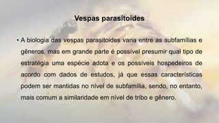 Vespas parasitoides
• A biologia das vespas parasitoides varia entre as subfamílias e
gêneros, mas em grande parte é possível presumir qual tipo de
estratégia uma espécie adota e os possíveis hospedeiros de
acordo com dados de estudos, já que essas características
podem ser mantidas no nível de subfamília, sendo, no entanto,
mais comum a similaridade em nível de tribo e gênero.
 