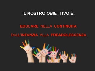 EDUCARE NELLA CONTINUITA’
DALL’INFANZIA ALLA PREADOLESCENZA
IL NOSTRO OBIETTIVO È:
 