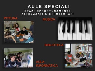 PITTURA
S P A Z I O P P O R T U N A M E N T E
A T T R E Z Z A T I E S T R U T T U R A T I
AULA
INFORMATICA
BIBLIOTECA
MUSICA
A U L E S P E C I A L I
 
