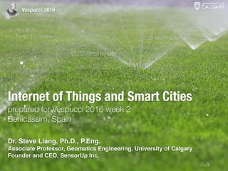 Internet of Things and Smart Cities
prepared for Vespucci 2016 week 2
Benicassim, Spain
0.23 litre/minute
0.25 litre/minute
0.27 litre/minuteRH: 85 %
Temp: 18 Celsius
Dr. Steve Liang, Ph.D., P.Eng.
Associate Professor, Geomatics Engineering, University of Calgary
Founder and CEO, SensorUp Inc.
Vespucci 2016
 