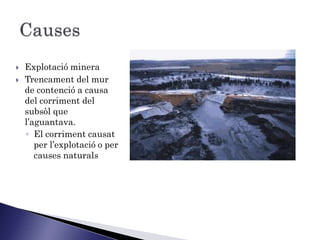    Explotació minera
   Trencament del mur
    de contenció a causa
    del corriment del
    subsòl que
    l’aguantava.
    ◦ El corriment causat
       per l’explotació o per
       causes naturals
 