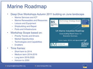 Marine Roadmap
•   Deep Dive Workshops Autumn 2011 building on June landscape
      –   Marine Services and ICT
      –   Marine Renewables and Resources
      –   Leisure and Equipment
      –   Shipbuilding and Repair
      –   Ports and Infrastructure
•   Workshop Scope based on:
      –   Priority Trends and Drivers
      –   Market Opportunities
      –   Technologies and Capabilities
      –   Enablers
•   Time frames:
      –   Short term to 2014
      –   Medium term 2014-2016
      –   Long term 2016-2020
      –   Horizon to 2050

enquires@transportktn.org        www.transportktn.org
 