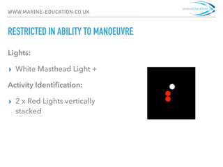 WWW.MARINE-EDUCATION.CO.UK
RESTRICTED IN ABILITY TO MANOEUVRE
Lights:
▸ White Masthead Light +
Activity Identiﬁcation:
▸ 2 x Red Lights vertically
stacked
 