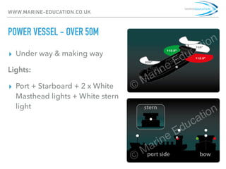 WWW.MARINE-EDUCATION.CO.UK
POWER VESSEL - OVER 50M
▸ Under way & making way
Lights:
▸ Port + Starboard + 2 x White
Masthead lights + White stern
light
 
