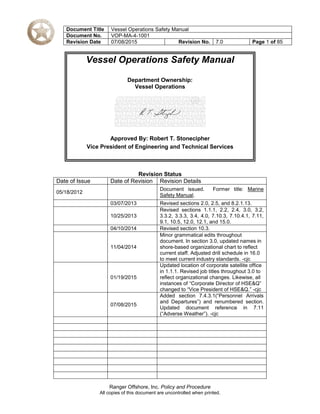 Document Title Vessel Operations Safety Manual
Document No. VOP-MA-4-1001
Revision Date 07/08/2015 Revision No. 7.0 Page 1 of 85
Ranger Offshore, Inc. Policy and Procedure
All copies of this document are uncontrolled when printed.
Revision Status
Date of Issue Date of Revision Revision Details
05/18/2012
Document issued. Former title: Marine
Safety Manual.
03/07/2013 Revised sections 2.0, 2.5, and 8.2.1.13.
10/25/2013
Revised sections 1.1.1, 2.2, 2.4, 3.0, 3.2,
3.3.2, 3.3.3, 3.4, 4.0, 7.10.3, 7.10.4.1, 7.11,
9.1, 10.5, 12.0, 12.1, and 15.0.
04/10/2014 Revised section 10.3.
11/04/2014
Minor grammatical edits throughout
document. In section 3.0, updated names in
shore-based organizational chart to reflect
current staff. Adjusted drill schedule in 16.0
to meet current industry standards. -cjc
01/19/2015
Updated location of corporate satellite office
in 1.1.1. Revised job titles throughout 3.0 to
reflect organizational changes. Likewise, all
instances of “Corporate Director of HSE&Q”
changed to “Vice President of HSE&Q.” -cjc
07/08/2015
Added section 7.4.3.1(“Personnel Arrivals
and Departures”) and renumbered section.
Updated document reference in 7.11
(“Adverse Weather”). -cjc
Vessel Operations Safety Manual
Department Ownership:
Vessel Operations
Approved By: Robert T. Stonecipher
Vice President of Engineering and Technical Services
 