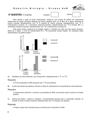 G a b a r i t o B i o l o g i a - G r u p o s A e B
6
VESTIB LARVESTIB LARVESTIB LAR
- Amostra X
- Amostra Y
5a
QUESTÃO: (1,5 ponto) Avaliador Revisor
Para estudar a ação de certo medicamento, dividiu-se uma cultura de células em crescimento
exponencial em quatro amostras idênticas que foram rotuladas como X, Y, W e Z. A seguir adicionou-se
uridina marcada radioativamente com
3
H à amostra X, uridina marcada radioativamente com
3
H e
medicamento à amostra Y, o aminoácido metionina marcado radioativamente com
32
S à amostra W e o
aminoácido metionina marcado radioativamente com
32
S e medicamento à amostra Z.
Após algum tempo, preparou-se as frações nuclear e citosólica de cada uma das quatro amostras.
Mediu-se, a seguir, o nível de radioatividade (
3
H e
32
S) incorporada nessas frações. Os resultados estão
representados nos gráficos abaixo:
a) Identifique as macromoléculas que incorporaram, respectivamente, o
3
H e o
32
S.
Resposta:
O
3
H foi incorporado no RNA enquanto que o
32
S nas proteínas.
b) A partir das análise dos gráficos, descreva o efeito do medicamento na biossíntese de macromoléculas.
Resposta:
O medicamento estimulou o aumento da quantidade de RNA, promovendo assim aumento na síntese
protéica.
c) Informe que fração – nuclear ou citosólica – se apresentaria marcada caso o nucleosídeo utilizado, na
amostra X, fosse a timidina marcada radioativamente com
3
H. Explique sua resposta.
Resposta:
A fração nuclear seria marcada porque a timidina seria incorporada no DNA.
Fração
Nuclear
Radioatividade(
3
H)
Fração
Citosólica
Fração
Nuclear
Radioatividade(
32
S)
- Amostra W
- Amostra Z
Fração
Citosólica
 