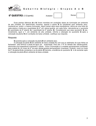 G a b a r i t o B i o l o g i a - G r u p o s A e B
7
VESTIB LARVESTIB LARVESTIB LAR
6a
QUESTÃO: (1,0 ponto) Avaliador Revisor
Duas plantas idênticas (A e B) foram mantidas em condições ideais de iluminação em ambiente
de alta umidade. Em determinado momento, apenas a planta B foi transferida para ambiente seco,
mantendo-se, porém, a mesma iluminação. Algum tempo após essa transferência, retirou-se uma folha de
cada planta e mediu-se a quantidade de K
+
por célula–guarda, em cada folha, calculando-se o quociente
Q: quantidade de K
+
(planta A) / quantidade de K
+
(planta B). Considerando que esse quociente Q era,
inicialmente, igual a 1, em ambiente de alta umidade, informe a alteração do quociente Q após a
colocação da planta B em condições de baixa umidade. Justifique sua resposta.
Resposta:
Q aumenta após a colocação da planta B em ambiente seco.
A colocação da planta B em ambiente de baixa umidade fez com que os estômatos de suas folhas se
fechassem para diminuir a perda de água por evaporação. Para isto, o K
+
foi retirado das células-guarda,
diminuindo sua turgescência e fechando o ostíolo. Como a iluminação e a umidade permaneceram constantes
para a planta A, os níveis de K
+
de suas células-guarda permaneceram invariáveis. Portanto, como os níveis
de K
+
da planta A são constantes e os da planta B menores, a tendência do quociente Q é de aumentar após
a colocação da planta B em ambiente de baixa umidade.
 