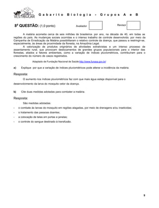 G a b a r i t o B i o l o g i a - G r u p o s A e B
9
VESTIB LARVESTIB LARVESTIB LAR
8a
QUESTÃO: (1,0 ponto) Avaliador Revisor
A malária acometia cerca de seis milhões de brasileiros por ano, na década de 40, em todas as
regiões do país. As mudanças sociais ocorridas e o intenso trabalho de controle desenvolvido por meio da
Campanha de Erradicação da Malária possibilitaram o relativo controle da doença, que passou a restringir-se,
espacialmente, às áreas de proximidade da floresta, na Amazônia Legal.
A valorização de produtos originários de atividades extrativistas e um intenso processo de
assentamento rural, que provocam deslocamentos de grandes grupos populacionais para o interior das
florestas, aliados a fatores ambientais, como a variação de índices pluviométricos, contribuíram para o
crescimento do número de casos registrados.
Adaptado de Fundação Nacional de Saúde http://www.funasa.gov.br/
a) Explique por que a variação de índices pluviométricos pode alterar a incidência da malária.
Resposta:
O aumento nos índices pluviométricos faz com que mais água esteja disponível para o
desenvolvimento da larva do mosquito vetor da doença.
b) Cite duas medidas adotadas para combater a malária.
Resposta:
São medidas adotadas:
- o combate às larvas do mosquito em regiões alagadas, por meio de drenagens e/ou inseticidas;
- o tratamento das pessoas doentes;
- a colocação de telas em portas e janelas;
- o controle do sangue destinado à transfusão.
 
