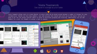 Vesta Teamwork
Use cards to manage all your tasks
Vesta Teamwork allows users to create Boards, on which Cards can be moved around between a number of Columns for easy
collaboration. Boards can have many members, just add everyone that should work with you on the board, and you are
good to go! You can assign colored Labels to cards to facilitate grouping and filtering, additionally you can add
members to a card, for example to assign a task to someone.
 