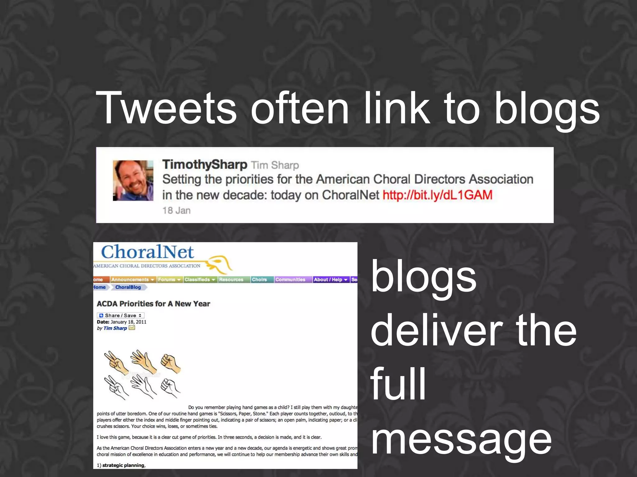 Tweets often link to blogs


              blogs
              deliver the
              full
              message
 
