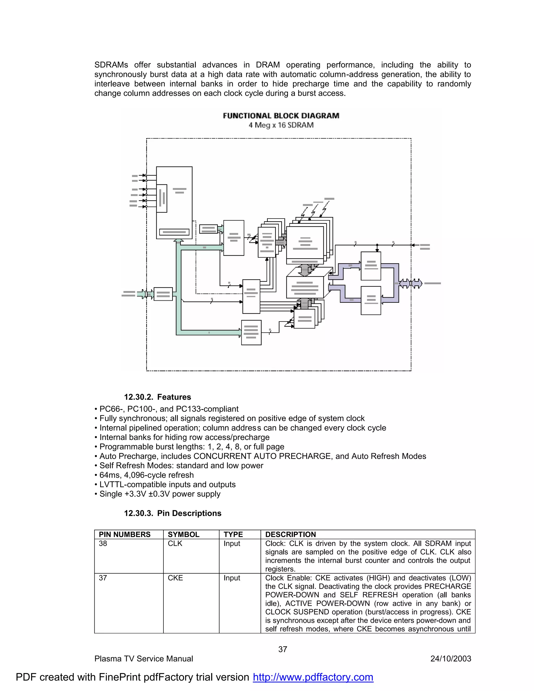 SDRAMs offer substantial advances in DRAM operating performance, including the ability to
                synchronously burst data at a high data rate with automatic column-address generation, the ability to
                interleave between internal banks in order to hide precharge time and the capability to randomly
                change column addresses on each clock cycle during a burst access.




                         12.30.2. Features
                • PC66-, PC100-, and PC133-compliant
                • Fully synchronous; all signals registered on positive edge of system clock
                • Internal pipelined operation; column address can be changed every clock cycle
                • Internal banks for hiding row access/precharge
                • Programmable burst lengths: 1, 2, 4, 8, or full page
                • Auto Precharge, includes CONCURRENT AUTO PRECHARGE, and Auto Refresh Modes
                • Self Refresh Modes: standard and low power
                • 64ms, 4,096-cycle refresh
                • LVTTL-compatible inputs and outputs
                • Single +3.3V ±0.3V power supply

                       12.30.3. Pin Descriptions

                 PIN NUMBERS       SYMBOL          TYPE      DESCRIPTION
                 38                CLK             Input     Clock: CLK is driven by the system clock. All SDRAM input
                                                             signals are sampled on the positive edge of CLK. CLK also
                                                             increments the internal burst counter and controls the output
                                                             registers.
                 37                CKE             Input     Clock Enable: CKE activates (HIGH) and deactivates (LOW)
                                                             the CLK signal. Deactivating the clock provides PRECHARGE
                                                             POWER-DOWN and SELF REFRESH operation (all banks
                                                             idle), ACTIVE POWER-DOWN (row active in any bank) or
                                                             CLOCK SUSPEND operation (burst/access in progress). CKE
                                                             is synchronous except after the device enters power-down and
                                                             self refresh modes, where CKE becomes asynchronous until

                                                                 37
                Plasma TV Service Manual                                                                     24/10/2003

PDF created with FinePrint pdfFactory trial version http://www.pdffactory.com
 