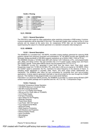 12.20.3. Pinning

                SYMBOL          PIN    DESCRIPTION
                OUTA            1      Output A
                INA(neg)        2      Inverting input A
                INA(pos)        3      Non-inverting input A
                VSS             4      Negative supply
                INB(pos)        5      Non-inverting input B
                INB(neg)        6      Inverting input B
                OUTB            7      Output B
                VDD             8      Positive supply


                    12.21. PI5V330

                         12.21.1. General Description
                The PI5V330 is well suited for video applications when switching composite or RGB analog. A picture-
                in-picture application will be described in this brief. The pixel-rate creates video overlays so two or more
                pictures can be viewed at the same time. An inexpensive NTSC titler can be implemented by
                superimposing the output of a character generator on a standard composite video background.

                    12.22. AD9883A

                         12.22.1. General Description
                The AD9883A is a complete 8-bit, 140 MSPS, monolithic analog interface optimized for capturing RGB
                graphics signals from personal computers and workstations. Its 140 MSPS encode rate capability and
                full power analog bandwidth of 300 MHz supports resolutions up to SXGA (1280 × 1024 at 75 Hz).
                The AD9883A includes a 140 MHz triple ADC with internal 1.25 V reference, a PLL, and programmable
                gain, offset, and clamp control. The user provides only a 3.3 V power supply, analog input, and Hsync
                and COAST signals. Three-state CMOS outputs may be powered from 2.5 V to 3.3 V.
                The AD9883A’s on-chip PLL generates a pixel clock from the Hsync input. Pixel clock output
                frequencies range from 12 MHz to140 MHz. PLL clock jitter is 500 ps p-p typical at 140 MSPS. When
                the COAST signal is presented, the PLL maintains its output frequency in the absence of Hsync. A
                sampling phase adjustment is provided. Data, Hsync, and clock output phase relationships are
                maintained. The AD9883A also offers full sync processing for composite sync and sync-on-green
                applications. A clamp signal is generated internally or may be provided by the user through the CLAMP
                input pin. This interface is fully programmable via a 2-wire serial interface.
                Fabricated in an advanced CMOS process, the AD9883A is provided in a space-saving 80-lead LQFP
                surface-mount plastic package and is specified over the –40.˚C to +85. ˚C temperature range.

                          12.22.2. Features
                • Industrial Temperature Range Operation
                • 140 MSPS Maximum Conversion Rate
                • 300 MHz Analog Bandwidth
                • 0.5 V to 1.0 V Analog Input Range
                • 500 ps p-p PLL Clock Jitter at 110 MSPS
                • 3.3 V Power Supply
                • Full Sync Processing
                • Sync Detect for Hot Plugging
                • Midscale Clamping
                • Power-Down Mode
                • Low Power: 500 mW Typical
                • 4:2:2 Output Format Mode
                • APPLICATIONS
                • RGB Graphics Processing
                • LCD Monitors and Projectors
                • Plasma Display Panels
                • Scan Converters
                • Microdisplays
                • Digital TV

                                                                    23
                Plasma TV Service Manual                                                                        24/10/2003

PDF created with FinePrint pdfFactory trial version http://www.pdffactory.com
 