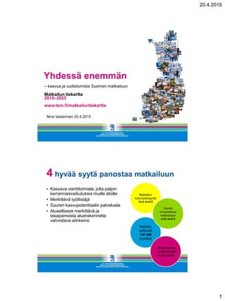 20.4.2015
1
Yhdessä enemmän
Matkailun tiekartta
2015–2025
www.tem.fi/matkailuntiekartta
– kasvua ja uudistumista Suomen matkailuun
Nina Vesterinen 20.4.2015
4 hyvää syytä panostaa matkailuun
• Kasvava vientitoimiala, jolla paljon
kerrannaisvaikutuksia muille aloille
• Merkittävä työllistäjä
• Suuren kasvupotentiaalin palveluala
• Alueellisesti merkittävä ja
tasapainoista aluerakennetta
vahvistava elinkeino
Matkailu
työllistää
140 000
henkilöä
Matkailueuro
tuo 56 senttiä
muille aloille
Matkailun
kokonaiskysyntä
14,4 mrd €
Vientiin
rinnastettava
matkailutulo
4,43 mrd €
 