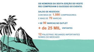 OS NÚMEROS DA SEXTA EDIÇÃO DO VESTE
RIO COMPROVAM O SUCESSO DO EVENTO:
+ de 25 MIL VISITANTES
12 PALESTRAS, REUNINDO IMPORTANTES
NOMES DO MERCADO
SALÃO DE NEGÓCIOS
COM MAIS DE 1.500 COMPRADORES
E MAIS DE 70 MARCAS
+ DE 90 MARCAS NO OUTLET
 