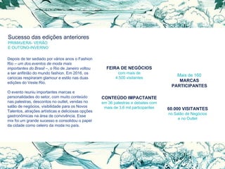 Sucesso das edições anteriores
PRIMAVERA- VERÃO
E OUTONO-INVERNO
Depois de ter sediado por vários anos o Fashion
Rio – um dos eventos de moda mais
importantes do Brasil –, o Rio de Janeiro voltou
a ser anfitrião do mundo fashion. Em 2016, os
cariocas respiraram glamour e estilo nas duas
edições do Veste Rio.
O evento reuniu importantes marcas e
personalidades do setor, com muito conteúdo
nas palestras, descontos no outlet, vendas no
salão de negócios, visibilidade para os Novos
Talentos, atrações artísticas e deliciosas opções
gastronômicas na área de convivência. Esse
mix foi um grande sucesso e consolidou o papel
da cidade como celeiro da moda no país.
FEIRA DE NEGÓCIOS
com mais de
4.500 visitantes
CONTEÚDO IMPACTANTE
em 36 palestras e debates com
mais de 3,6 mil participantes
Mais de 160
MARCAS
PARTICIPANTES
60.000 VISITANTES
no Salão de Negócios
e no Outlet
 