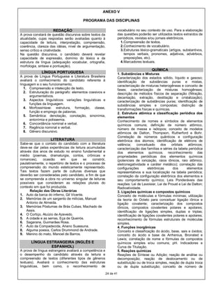 ANEXO V

                                         PROGRAMA DAS DISCIPLINAS

                     REDAÇÃO                                          vocabulário no seu contexto de uso. Para a elaboração
A prova constará de questão discursiva sobre textos da                das questões poderão ser utilizados textos extraídos de
atualidade, cujas respostas serão avaliadas quanto à                  periódicos, revistas e/ou jornais eletrônicos.
capacidade de leitura, interpretação, compreensão,                      1. Compreensão de textos.
coerência, clareza das idéias, nível de argumentação,                   2. Conhecimento de vocabulário.
senso crítico e criatividade.                                           3. Estruturas léxico-gramaticais (artigos, substantivos,
Na questão discursiva, o candidato deverá revelar                          tempos verbais, pronomes, adjetivos, advérbios,
capacidade de expressão, domínio do léxico e da                            preposições, etc).
estrutura da língua (adequação vocabular, ortografia,                   4. Marcadores textuais.
morfologia, sintaxe e pontuação).
                                                                                             QUÍMICA
              LÍNGUA PORTUGUESA                                       1. Substâncias e Misturas
A prova de Língua Portuguesa e Literatura Brasileira                  Caracterização dos estados sólido, líquido e gasoso;
avaliará o conhecimento do candidato referente à                      identificação de substâncias puras e mistas,
linguagem e o seu funcionamento.                                      caracterização de misturas heterogêneas e conceito de
   1. Compreensão e intelecção de texto.                              fases; caracterização de misturas homogêneas;
   2. Estruturação do parágrafo: elementos coesivos e                 descrição de métodos físicos de separação (filtração,
      argumentativos.                                                 decantação, extração, destilação e cristalização);
   3. Aspectos linguísticos: variações linguísticas e                 caracterização de substâncias puras; identificação de
      funções da linguagem.                                           substâncias simples e compostas; distinção de
   4. Morfossintaxe: estrutura, formação, classe,                     transformações físicas e químicas.
      função e emprego de palavras.                                   2. Estrutura atômica e classificação periódica dos
   5. Semântica: denotação, conotação, sinonímia,                     elementos
      antonímia e polissemia.                                         Conhecimento de nomes e símbolos de elementos
   6. Concordância nominal e verbal.                                  químicos comuns; definição de número atômico,
   7. Regência nominal e verbal.                                      número de massa e isótopos; conceito de modelos
   8. Gênero discursivo.                                              atômicos de Dalton, Thompson, Rutherford e Bohr.
                                                                      Correlação de números quânticos e configuração
                    LITERATURA                                        eletrônica dos átomos; identificação de elétrons de
Sabe-se que o contato do candidato com a literatura                   valência;    conceituado      dos   orbitais    atômicos;
deve-se dar pelas experiências de leitura acumuladas                  caracterização das famílias e séries da tabela periódica
através dos anos de estudo no ensino fundamental e                    dos elementos químicos; reconhecimento das
médio (poemas, dramaturgia, contos, crônicas e                        propriedades periódicas dos elementos químicos
romances),    ocasião     em     que     se    constrói,              (potenciais de ionização, raios iônicos, raio atômico,
paulatinamente, o repertório de textos e o processo de                eletronegatividade e caráter metálico); correlação das
compreensão do mundo esteticamente representado.                      configurações        eletrônicas     dos       elementos
Tais textos fazem parte de culturas diversas que                      representativos e sua localização na tabela periódica;
deverão ser consideradas pelo candidato, a fim de que                 correlação da configuração eletrônica dos elementos e
se compreenda a obra no universo singular de leituras                 seu comportamento químico; Leis Ponderáveis das
possíveis que consideram as relações plurais do                       reações: Lei de Lavoisier, Lei de Proust e Lei de Dalton;
contexto em que foi produzida.                                        Radioatividade.
      Relação das Obras Literárias                                    3. Ligações químicas e compostos químicos
1. Auto da barca do inferno, Gil Vicente.                             Conceito de moléculas e fórmulas mínimas; utilização
2. Memórias de um sargento de milícias, Manuel                        da teoria do Octeto para conceituar ligação iônica e
    Antonio de Almeida.                                               ligação covalente; caracterização dos compostos
3. Memórias Póstumas de Brás Cubas, Machado de                        iônicos, compostos covalentes polares e apolares;
    Assis.                                                            identificação de ligações simples, duplas e triplas;
4. O Cortiço, Aluízio de Azevedo.                                     identificação de ligações covalentes polares e apolares;
5. A cidade e as serras, Eça de Queirós.                              reconhecimento de fórmulas estruturais de moléculas
6. Sagarana, Guimarães Rosa.                                          simples.
7. Auto da Compadecida, Ariano Suassuna.                              4. Funções inorgânicas
8. Alguma poesia, Carlos Drummond de Andrade.                         Conceito e classificação do ácido, base, sais e óxidos;
9. Menino do mato, Manoel de Barros.                                  conceito do ácido e base de Arrhenius, Bronsted e
                                                                      Lewis; correlação de nome e fórmulas de compostos
       LÍNGUA ESTRANGEIRA (INGLÊS E                                   químicos simples e/ou comuns; pH. Indicadores e
                ESPANHOL)                                             Curva de Titulação.
A prova de língua estrangeira avaliará a competência e                5. Reações químicas
o desempenho do candidato através da leitura e                        Reações de Síntese ou Adição; reação de análise ou
compreensão de textos (diferentes tipos de gêneros                    decomposição; reação de deslocamento ou de
textuais). Avaliará o conhecimento das estruturas                     substituição ou de troca simples, reação de dupla troca
linguísticas, bem como, o reconhecimento de                           ou de dupla substituição; conceito de número de

                                                           24 de 41
 