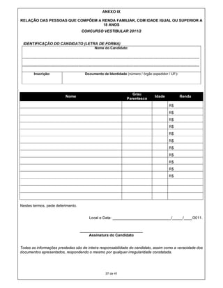 ANEXO IX

RELAÇÃO DAS PESSOAS QUE COMPÕEM A RENDA FAMILIAR, COM IDADE IGUAL OU SUPERIOR A
                                  18 ANOS
                                                    CONCURSO VESTIBULAR 2011/2


 IDENTIFICAÇÃO DO CANDIDATO (LETRA DE FORMA)
                                                                Nome do Candidato:

 -----------------------------------------------------------------------------------------------------------------------------------------------------------

 -----------------------------------------------------------------------------------------------------------------------------------------------------------

           Inscrição:                                  Documento de Identidade (número / órgão expedidor / UF):




                                                                                               Grau
                                      Nome                                                                           Idade                Renda
                                                                                            Parentesco
                                                                                                                                 R$
                                                                                                                                 R$
                                                                                                                                 R$
                                                                                                                                 R$
                                                                                                                                 R$
                                                                                                                                 R$
                                                                                                                                 R$
                                                                                                                                 R$
                                                                                                                                 R$
                                                                                                                                 R$
                                                                                                                                 R$




Nestes termos, pede deferimento.


                                                           Local e Data: ____________________________/_____/____/2011.


                                                   ______________________________
                                                       Assinatura do Candidato


Todas as informações prestadas são de inteira responsabilidade do candidato, assim como a veracidade dos
documentos apresentados, respondendo o mesmo por qualquer irregularidade constatada.




                                                                         37 de 41
 