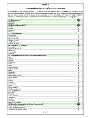 ANEXO XI

                         QUESTIONÁRIO SÓCIO-ECONÔMICO-EDUCACIONAL
O questionário que segue contém 27 questões que se referem às informações de natureza sócio-
econômico-educacional e étnico racial. As informações solicitadas não terão qualquer influência na avaliação
de seu desempenho como candidato à Universidade e serão mantidas em sigilo. Os dados obtidos,
expressos em termos coletivos, terão tratamento estatístico e se destinam às pesquisas pedagógicas.

01. Qual seu sexo?                                                                                 CÓD.
Masculino                                                                                           1
Feminino                                                                                            2
02. Qual seu Estado Civil?                                                                         CÓD.
Solteiro                                                                                            1
Casado                                                                                              2
Separado                                                                                            3
Viúvo                                                                                               4
03. Qual sua idade?                                                                                CÓD.
Até 18 anos                                                                                         1
de 19 a 21 anos                                                                                     2
de 22 a 24 anos                                                                                     3
de 25 a 27 anos                                                                                     4
de 28 a 30 anos                                                                                     5
mais de 30 anos                                                                                     6
04. Como você se considera?                                                                        CÓD.
Branco (a)                                                                                          1
Pardo (a), Mulato (a)                                                                               2
Negro (a)                                                                                           3
Amarelo (a)                                                                                         4
Indígena                                                                                            5
05. Em que Estado concluiu ou concluirá o Ensino Médio                                             CÓD.
Acre                                                                                                1
Alagoas                                                                                             2
Amapá                                                                                               3
Amazonas                                                                                            4
Bahia                                                                                               5
Ceará                                                                                               6
Distrito Federal                                                                                    7
Espírito Santos                                                                                     8
Goiás                                                                                               9
Maranhão                                                                                            10
Mato Grosso                                                                                         11
Mato Grosso do Sul                                                                                  12
Minas Gerais                                                                                        13
Pará                                                                                                14
Paraíba                                                                                             15
Paraná                                                                                              16
Pernambuco                                                                                          17
Piauí                                                                                               18
Rio de Janeiro                                                                                      19
Rio Grande do Norte                                                                                 20
Rio Grande do Sul                                                                                   21
Rondônia                                                                                            22
Roraima                                                                                             23
Santa Catarina                                                                                      24
São Paulo                                                                                           25
Sergipe                                                                                             26
Tocantins                                                                                           27
Outro País (Exterior)                                                                               28
06. Como fez seus estudos do Ensino Fundamental?                                                   CÓD.
Todos em escola pública                                                                             1
Todos em escola particular                                                                          2
Maior parte em escola pública                                                                       3

                                                  39 de 41
 