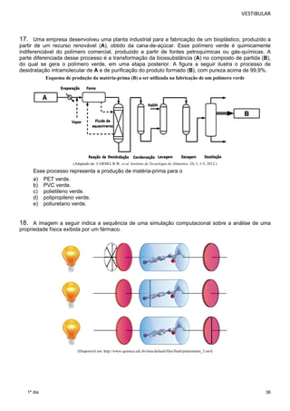 VESTIBULAR 
17. Uma empresa desenvolveu uma planta industrial para a fabricação de um bioplástico, produzido a 
partir de um recurso renovável (A), obtido da cana-de-açúcar. Esse polímero verde é quimicamente 
indiferenciável do polímero comercial, produzido a partir de fontes petroquímicas ou gás-químicas. A 
parte diferenciada desse processo é a transformação da biossubstância (A) no composto de partida (B), 
do qual se gera o polímero verde, em uma etapa posterior. A figura a seguir ilustra o processo de 
desidratação intramolecular de A e de purificação do produto formado (B), com pureza acima de 99,9%. 
36 
1º dia 
Esquema de produção da matéria-prima (B) a ser utilizada na fabricação de um polímero verde 
(Adaptado de: CARMO, R.W. et al. Instituto de Tecnologia de Alimentos. 24, 1, 1-5, 2012.) 
Esse processo representa a produção de matéria-prima para o 
a) PET verde. 
b) PVC verde. 
c) polietileno verde. 
d) polipropileno verde. 
e) poliuretano verde. 
18. A imagem a seguir indica a sequência de uma simulação computacional sobre a análise de uma 
propriedade física exibida por um fármaco. 
(Disponível em: http://www.quimica.ufc.br/sites/default/files/flash/polarimetro_3.swf) 
 