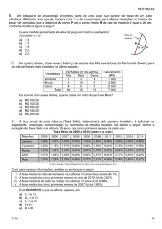 VESTIBULAR 
5. Um estagiário de arqueologia encontrou parte de uma peça que parece ser base de um tubo 
cilíndrico. Utilizando uma ripa de madeira com 1 m de comprimento para efetuar medições no interior da 
peça, ele constatou que a distância do ponto P até o ponto médio M da ripa de madeira é igual a 20 cm, 
conforme mostra a figura a seguir: 
Qual a medida aproximada da área da peça em metros quadrados? 
(Considere  = 3) 
a) 1,6 
b) 1,7 
c) 1,8 
d) 2,0 
e) 2,5 
Ripa de 
madeira 
6. No quadro abaixo, observa-se o balanço de vendas das três vendedoras da Perfumaria Soxeiro para 
os três perfumes mais vendidos no último sábado. 
Vendedora Perfumes (n° de vidros) Faturamento 
Alfa Beta Gama (R$) 
Amanda 7 3 4 1 950 
Bruna 5 10 8 3 600 
Carol 4 5 6 2 350 
Total 16 18 18 7 900 
De acordo com esses dados, quanto custa um vidro do perfume Beta? 
a) R$ 100,00 
b) R$ 150,00 
c) R$ 160,00 
d) R$ 180,00 
e) R$ 200,00 
7. A taxa anual de juros básicos (Taxa Selic), determinada pelo governo brasileiro, é aplicável no 
pagamento, restituição, compensação ou reembolso de tributos federais. Na tabela a seguir, temos a 
evolução da Taxa Selic nos últimos 10 anos, nos cinco primeiros meses de cada ano. 
Taxa Selic de 2005 a 2014 (janeiro a maio) 
Mês/Ano 2005 2006 2007 2008 2009 2010 2011 2012 2013 2014 
Janeiro 1,38% 1,43% 1,08% 0,93% 1,05% 0,66% 0,86% 0,89% 0,60% 0,85% 
Fevereiro 1,22% 1,15% 0,87% 0,80% 0,86% 0,59% 0,84% 0,75% 0,49% 0,79% 
Março 1,53% 1,42% 1,05% 0,84% 0,97% 0,76% 0,92% 0,82% 0,55% 0,77% 
Abril 1,41% 1,08% 0,94% 0,90% 0,84% 0,67% 0,84% 0,71% 0,61% 0,82% 
Maio 1,50% 1,28% 1,03% 0,88% 0,77% 0,75% 0,99% 0,74% 0,60% 0,87% 
(Fonte: Receita Federal. Disponível em: http://www.receita.fazenda.gov.br/) 
Com base nessas informações, analise as sentenças a seguir: 
I. A taxa média do mês de fevereiro nos últimos 10 anos ficou acima de 1%. 
II. A taxa modal dos cinco primeiros meses do ano de 2013 foi de 0,60%. 
III. A taxa mediana do mês de março nos últimos 10 anos é de 0,88%. 
IV. A taxa média dos cinco primeiros meses de 2007 foi de 1,05%. 
Está CORRETO o que se afirma, apenas, em 
a) I, II e III. 
b) II, III e IV. 
c) I, III e IV. 
d) I e IV. 
e) II e III. 
2º dia 34 
 