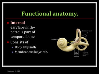 Functional anatomy.
 Internal
ear/labyrinth–
petrous part of
temporal bone
 Consists of
 Bony labyrinth
 Membranous labyrinth.
Friday, June 19, 2020
 