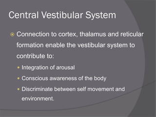 Central Vestibular System
 Connection to cortex, thalamus and reticular
formation enable the vestibular system to
contribute to:
 Integration of arousal
 Conscious awareness of the body
 Discriminate between self movement and
environment.
 