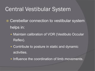 Central Vestibular System
 Cerebellar connection to vestibular system
helps in:
 Maintain calibration of VOR (Vestibulo Occular
Reflex).
 Contribute to posture in static and dynamic
activities.
 Influence the coordination of limb movements.
 