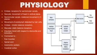 PHYSIOLOGY
 Cristae- receptors for semicircular canals.
 Saccule- movement of head in vertical plane.
 Semicircular canals- rotational movement in 3
planes.
 Movement of endolymph detected by hair cells.
 Cristae – kinetic balance receptors.
 Maculae- static balance receptors.
 Impulses travel with respect to stereocilia and
kinocilium.
 Connected to :
1. Eye muscles
2. Spinal cord
3. Autonomic centers
4. Cerebral cortex
 