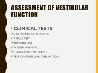 VESTIBULAR FUNCTION TEST presentation lecture | PPTX