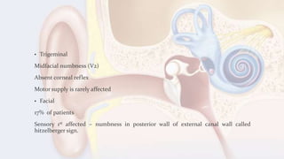 • Trigeminal
Midfacial numbness (V2)
Absent corneal reflex
Motor supply is rarely affected
• Facial
17% of patients
Sensory 1st affected – numbness in posterior wall of external canal wall called
hitzelberger sign.
 
