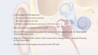 • 3 advantages of this approach –
• Tumors of all sizes can be removed
• Minimal retraction of brain
• Ability to visualise directly and preserve the facial nerve.
• Rate of facial nerve preservation is 97%
• Rate of CSF leak presenting under the incision or draining through the nose via the
Eustachian tube is 5%.
• Majority of these leaks resolve with conservative management – mastoid dressing
& fluid restriction.
• Minimal risk of meningitis associated with CSF leak.
 