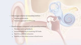 • Advantages relative to translabyrinthine –
1. Hearing preservation
2. Versatile approach to CPA & IAC
• Disadvantages compared with translabyrinthine –
1. Persistent post-op headache
2. Increased difficulty in resolving CSF leaks
3. Need for cerebellar retraction
4. Inability to have direct access to facial nerve
 