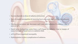 • Success depends on dose of radiation deliuvered.
• Rate of cranial neuropathies & hearoing loss is decreased by lowering the radiation
dose.
• Hearing preservation rate decreases each year after radiation & stabilises after 3
years at 50%.
• Facial nerve dysfunction varies from 3-50% based on radiation dose at margin of
tumor & length of facial nerve in radiation field.
• 20% will have trigeminal neuropathy.
• Hydrocephalus is also a complication of radiation.
 