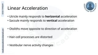 medicoseacademics@gmail.com
0310-7990649
Linear Acceleration
• Utricle mainly responds to horizontal acceleration
• Saccule mainly responds to vertical acceleration
• Otoliths move opposite to direction of acceleration
• Hair-cell processes are distorted
• Vestibular nerve activity changes
 