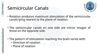 medicoseacademics@gmail.com
0310-7990649
Semicircular Canals
• Rotation produces maximum stimulation of the semicircular
canals lying nearest to the plane of rotation.
• The semicircular canals on one side are mirror images of
those on the opposite side.
• The pattern of stimulation reaching the brain varies with:
• Direction of rotation
• Plane of rotation
 