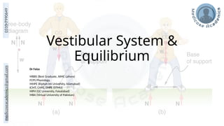 medicoseacademics@gmail.com
0310-7990649
Vestibular System &
Equilibrium
Dr Faiza
MBBS (Best Graduate, AIMC Lahore)
FCPS Physiology,
MHPE (Riphah Int University, Islamabad)
ICMT, CHPE, DHPE (STMU)
MPH (GC University, Faisalabad)
MBA (Virtual University of Pakistan)
 